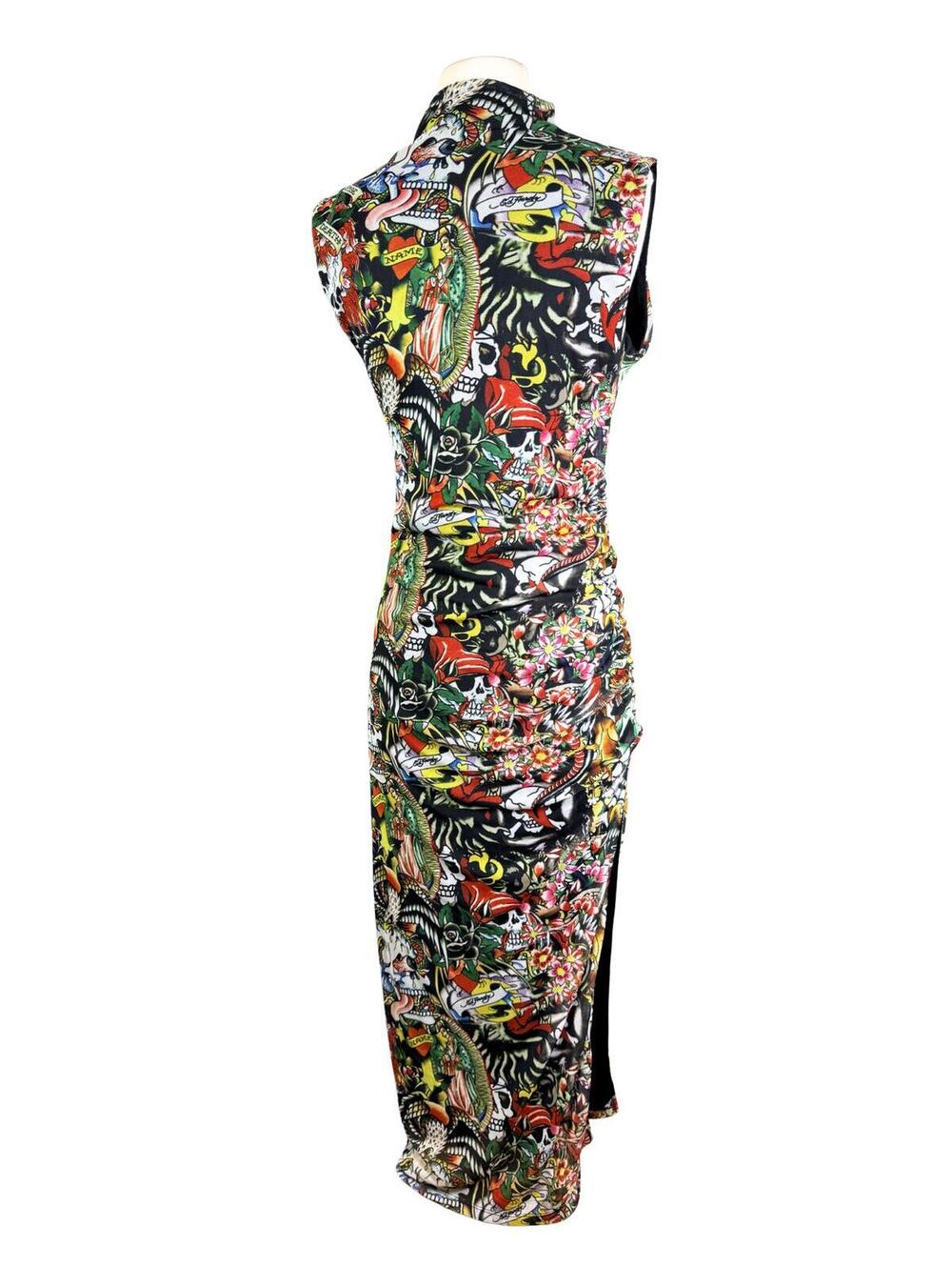 Ed Hardy Tattoo Print Ruched Maxi Dress Size M - Picture 3 of 8